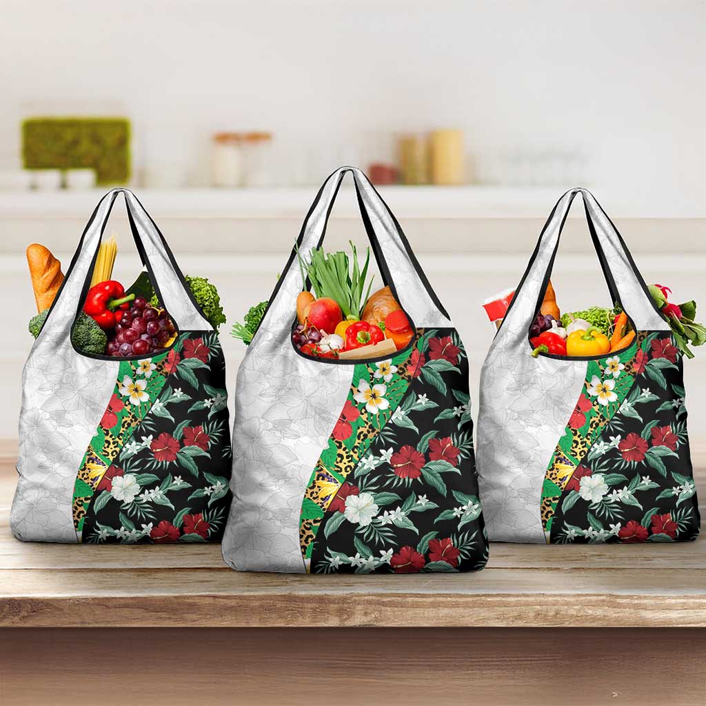 Hawaiian Tropical Flowers and Leaves Grocery Bag on Leopard Pattern Half Style White-Black Version LT03 3-pack One Size White - Polynesian Pride