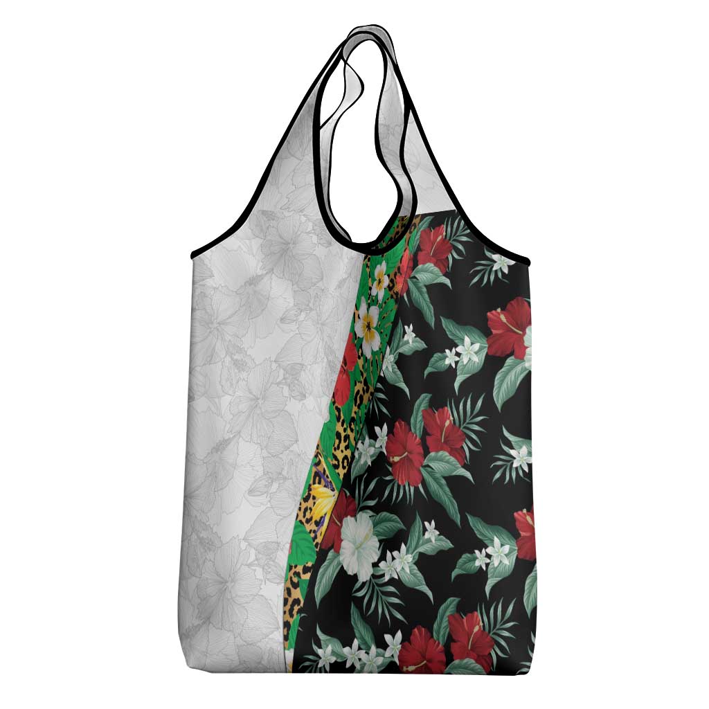 Hawaiian Tropical Flowers and Leaves Grocery Bag on Leopard Pattern Half Style White-Black Version LT03 - Polynesian Pride