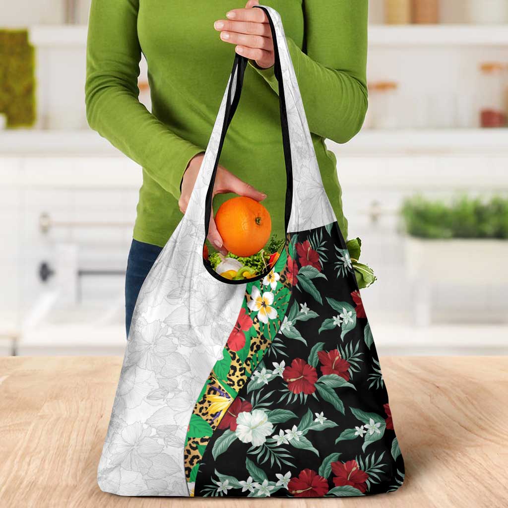 Hawaiian Tropical Flowers and Leaves Grocery Bag on Leopard Pattern Half Style White-Black Version LT03 - Polynesian Pride
