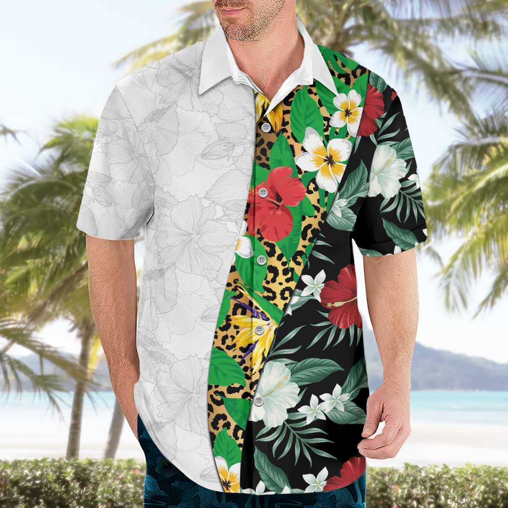 Hawaiian Tropical Flowers and Leaves Hawaiian Shirt on Leopard Pattern Half Style White-Black Version LT03 - Polynesian Pride