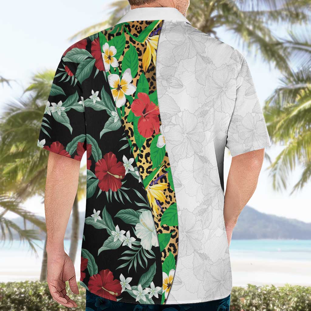 Hawaiian Tropical Flowers and Leaves Hawaiian Shirt on Leopard Pattern Half Style White-Black Version LT03 - Polynesian Pride