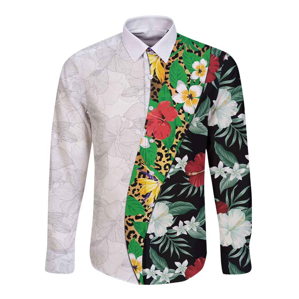 Hawaiian Tropical Flowers and Leaves Long Sleeve Button Shirt on Leopard Pattern Half Style White-Black Version LT03 Unisex White - Polynesian Pride