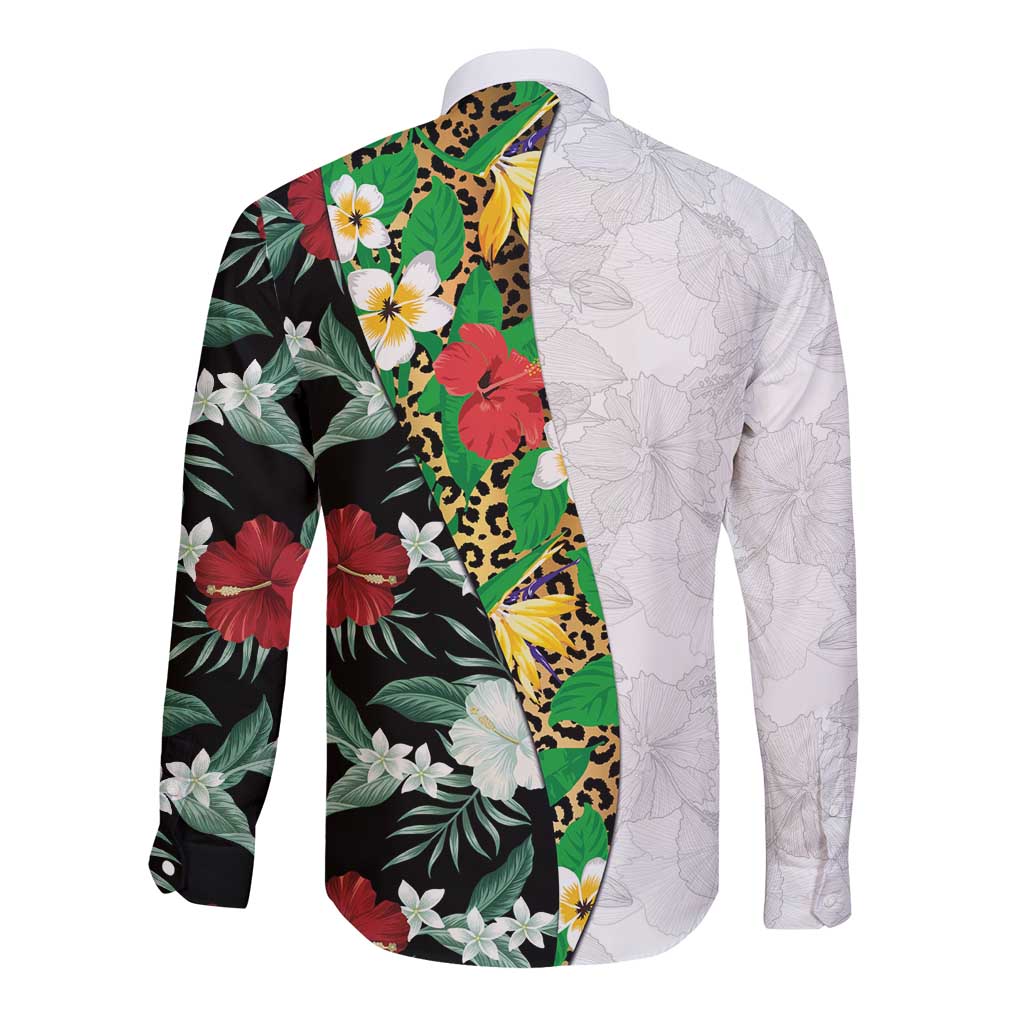 Hawaiian Tropical Flowers and Leaves Long Sleeve Button Shirt on Leopard Pattern Half Style White-Black Version LT03 - Polynesian Pride