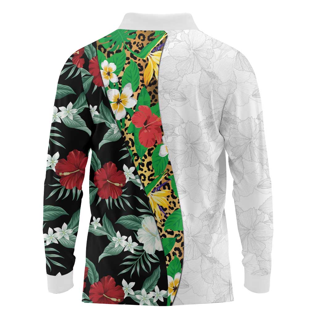 Hawaiian Tropical Flowers and Leaves Long Sleeve Polo Shirt on Leopard Pattern Half Style White-Black Version - Polynesian Pride