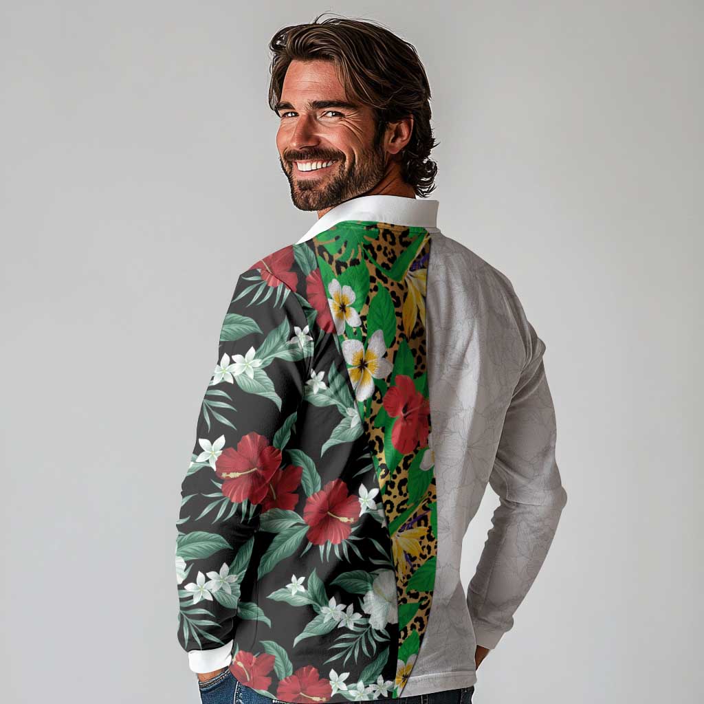 Hawaiian Tropical Flowers and Leaves Long Sleeve Polo Shirt on Leopard Pattern Half Style White-Black Version - Polynesian Pride