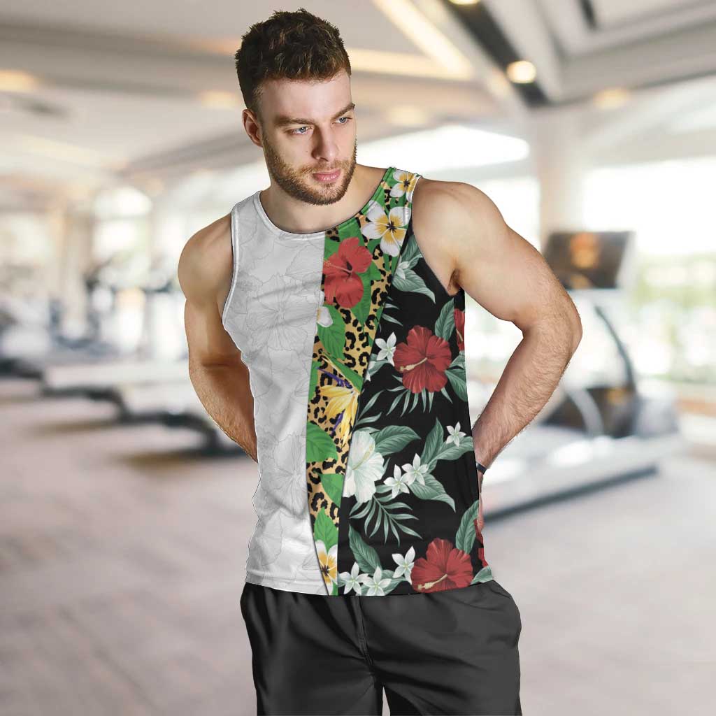 Hawaiian Tropical Flowers and Leaves Men Tank Top on Leopard Pattern Half Style White-Black Version LT03 White - Polynesian Pride