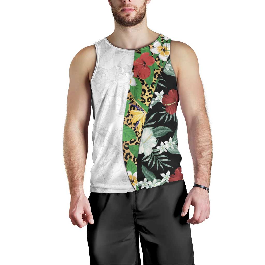Hawaiian Tropical Flowers and Leaves Men Tank Top on Leopard Pattern Half Style White-Black Version LT03 - Polynesian Pride