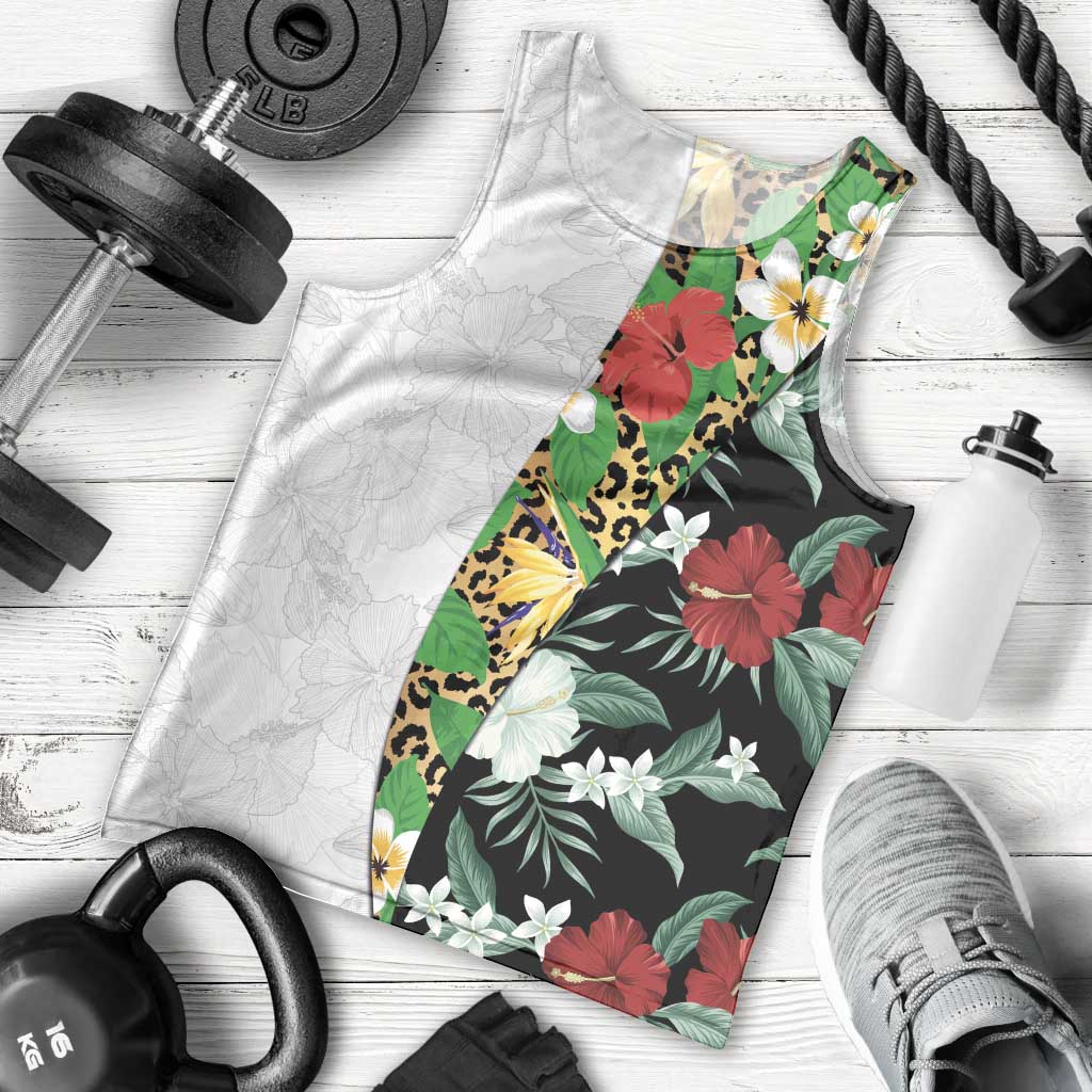 Hawaiian Tropical Flowers and Leaves Men Tank Top on Leopard Pattern Half Style White-Black Version LT03 - Polynesian Pride