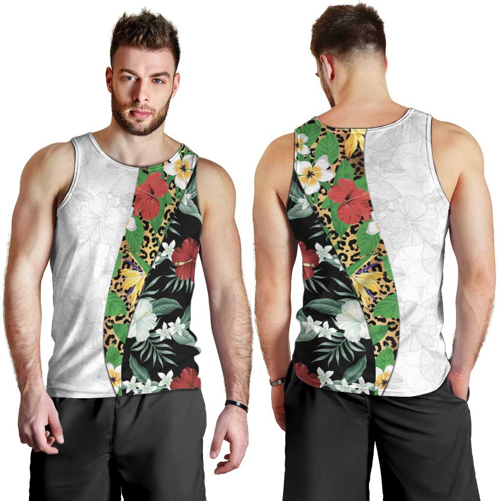 Hawaiian Tropical Flowers and Leaves Men Tank Top on Leopard Pattern Half Style White-Black Version LT03 - Polynesian Pride