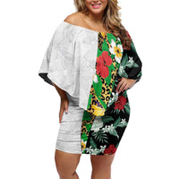 Hawaiian Tropical Flowers and Leaves Off Shoulder Short Dress on Leopard Pattern Half Style White-Black Version - Polynesian Pride