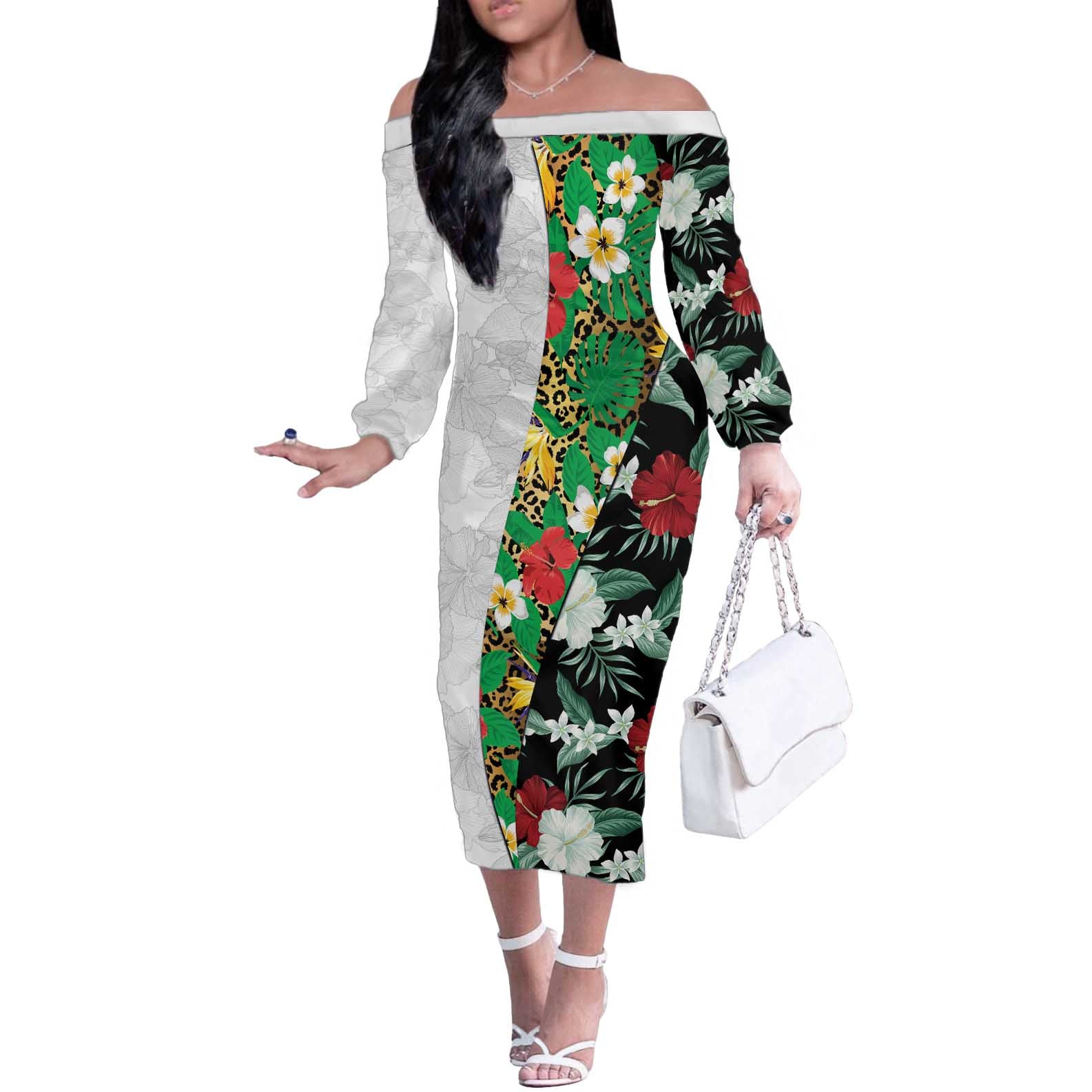 Hawaiian Tropical Flowers and Leaves Off The Shoulder Long Sleeve Dress on Leopard Pattern Half Style White-Black Version - Polynesian Pride