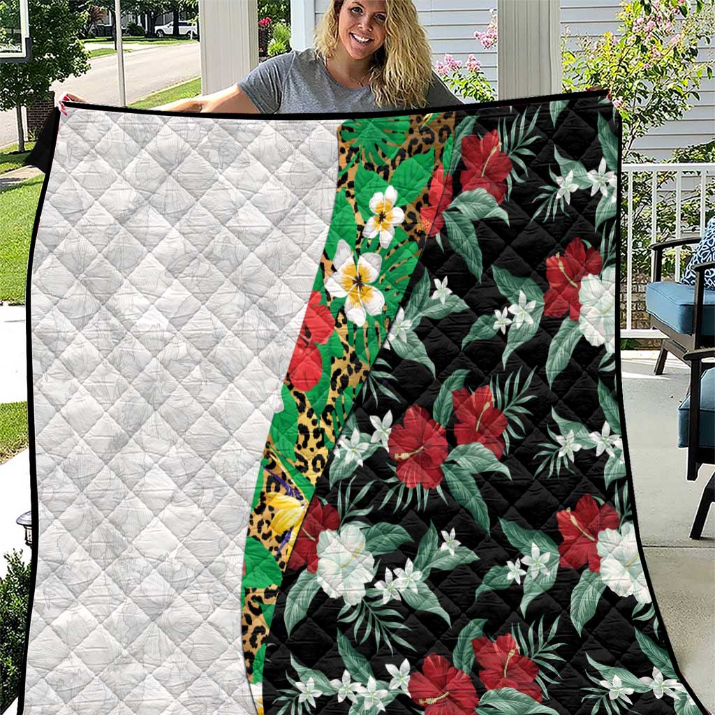 Hawaiian Tropical Flowers and Leaves Quilt on Leopard Pattern Half Style White-Black Version - Polynesian Pride