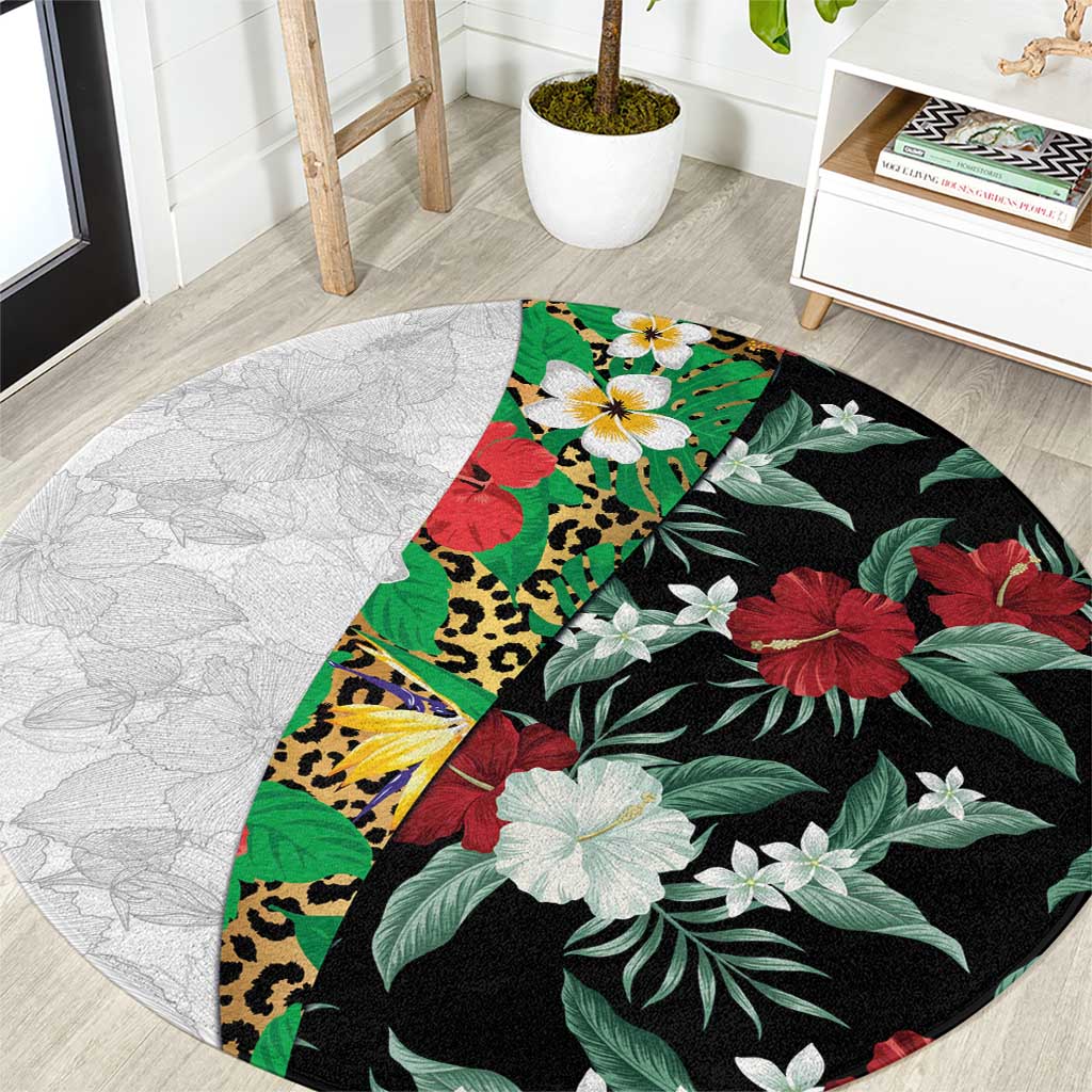 Hawaiian Tropical Flowers and Leaves Round Carpet on Leopard Pattern Half Style White-Black Version - Polynesian Pride