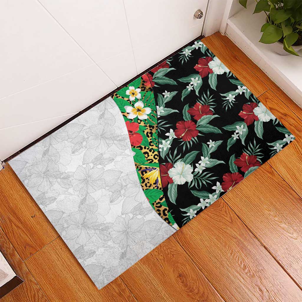 Hawaiian Tropical Flowers and Leaves Rubber Doormat on Leopard Pattern Half Style White-Black Version LT03 - Polynesian Pride