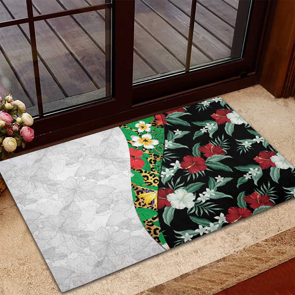 Hawaiian Tropical Flowers and Leaves Rubber Doormat on Leopard Pattern Half Style White-Black Version LT03 - Polynesian Pride