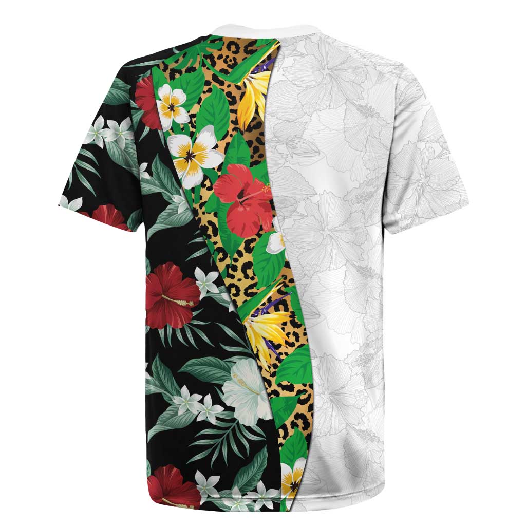 Hawaiian Tropical Flowers and Leaves Rugby Jersey on Leopard Pattern Half Style White-Black Version LT03 - Polynesian Pride