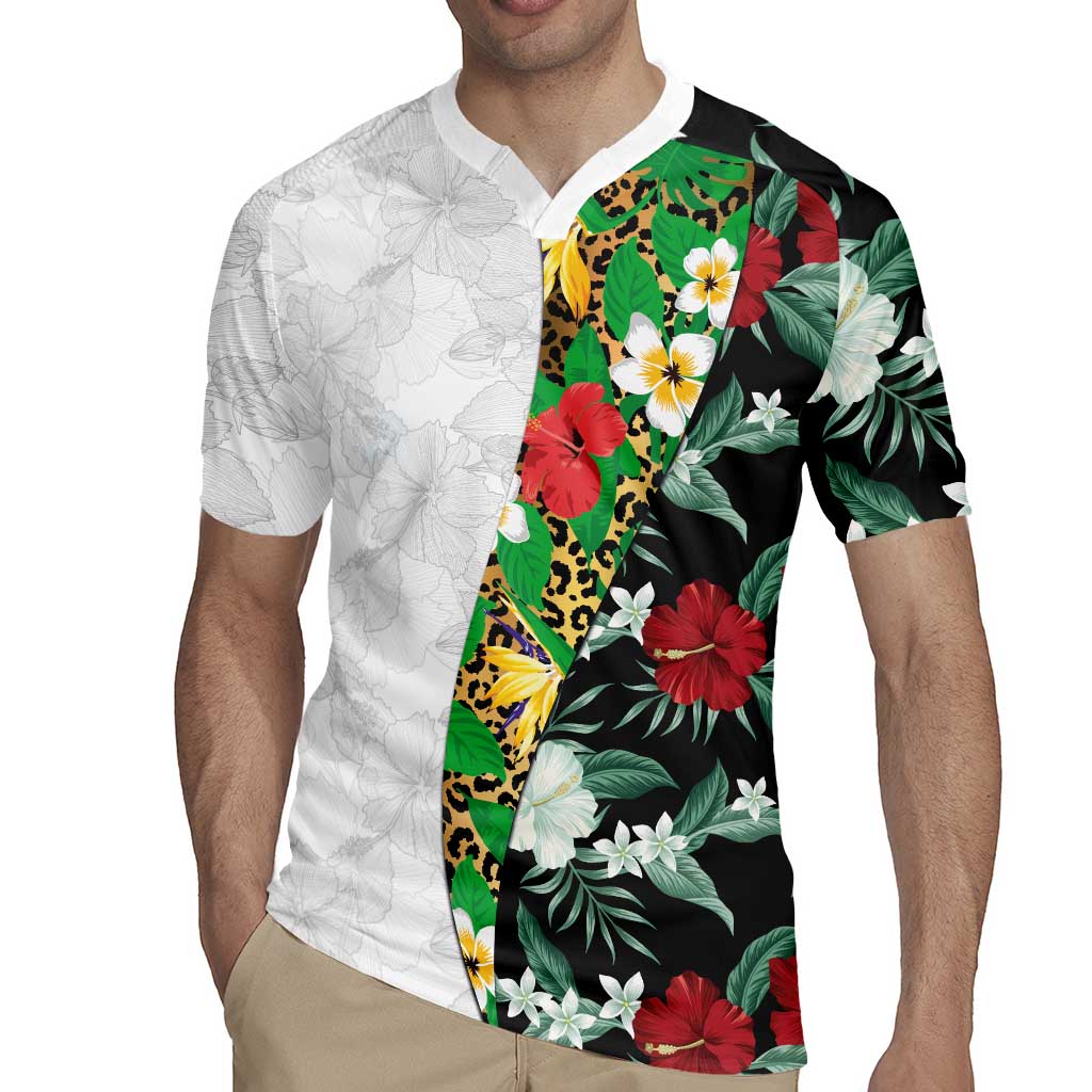 Hawaiian Tropical Flowers and Leaves Rugby Jersey on Leopard Pattern Half Style White-Black Version LT03 - Polynesian Pride