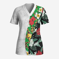 Hawaiian Tropical Flowers and Leaves Scrub Top on Leopard Pattern Half Style White-Black Version - Polynesian Pride