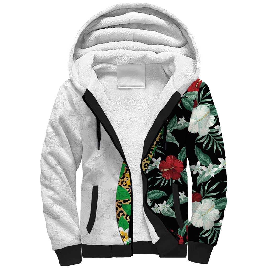 Hawaiian Tropical Flowers and Leaves Sherpa Hoodie on Leopard Pattern Half Style White-Black Version LT03 Unisex White - Polynesian Pride
