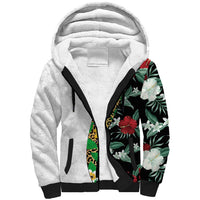 Hawaiian Tropical Flowers and Leaves Sherpa Hoodie on Leopard Pattern Half Style White-Black Version LT03 Unisex White - Polynesian Pride