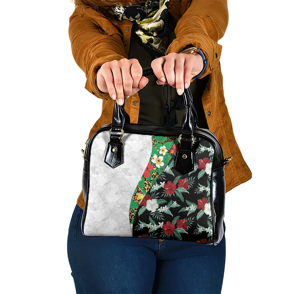 Hawaiian Tropical Flowers and Leaves Shoulder Handbag on Leopard Pattern Half Style White-Black Version - Polynesian Pride