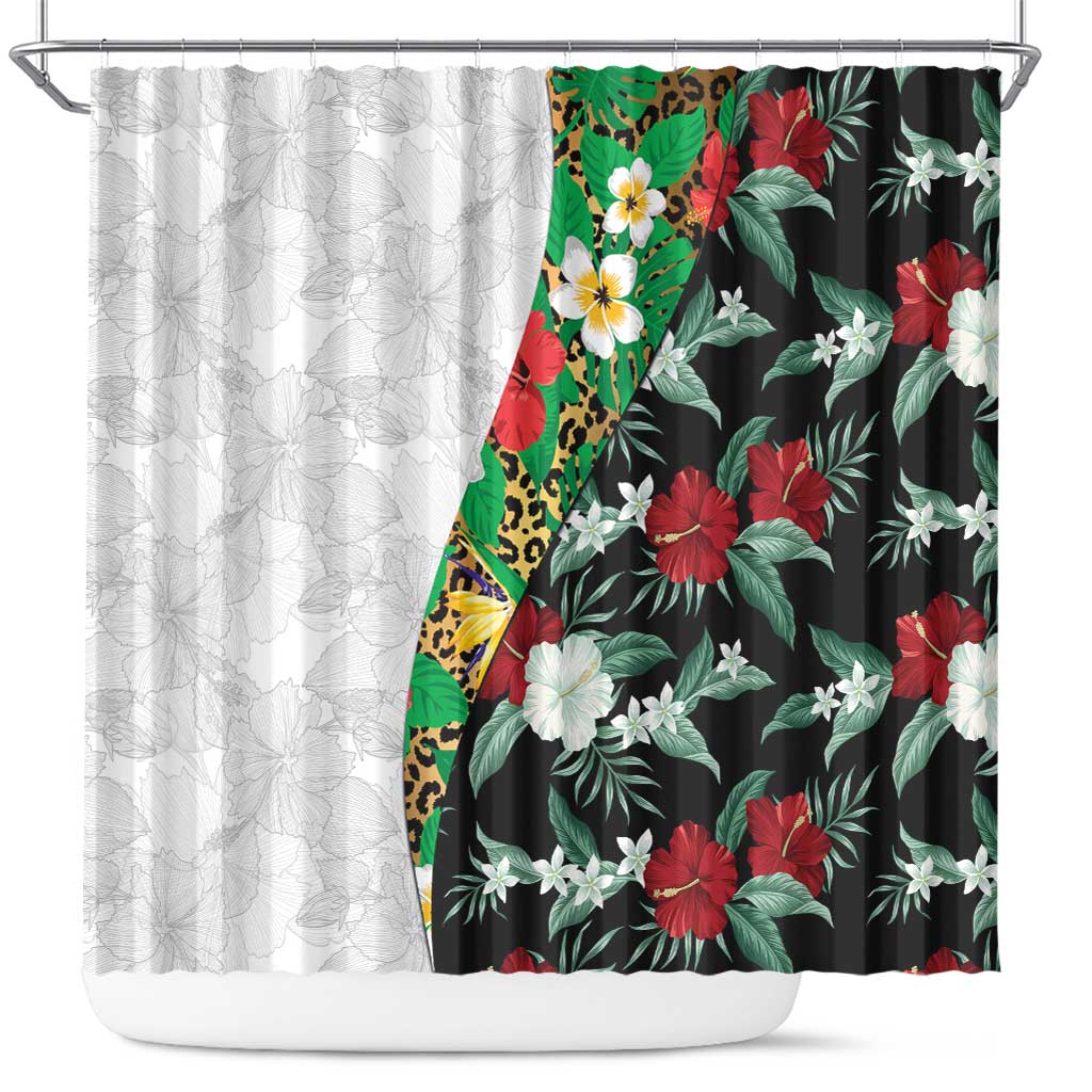 Hawaiian Tropical Flowers and Leaves Shower Curtain on Leopard Pattern Half Style White-Black Version - Polynesian Pride