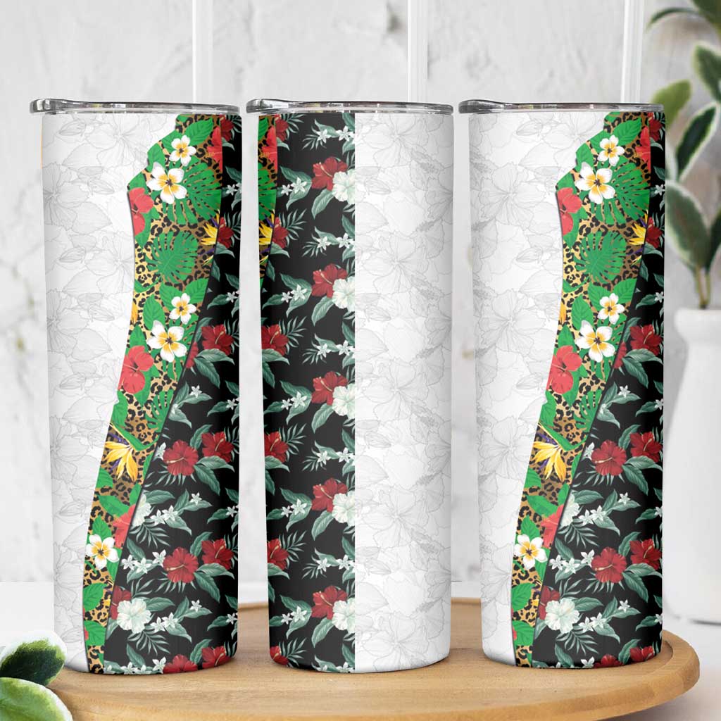 Hawaiian Tropical Flowers and Leaves Skinny Tumbler on Leopard Pattern Half Style White-Black Version - Polynesian Pride