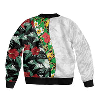 Hawaiian Tropical Flowers and Leaves Sleeve Zip Bomber Jacket on Leopard Pattern Half Style White-Black Version - Polynesian Pride
