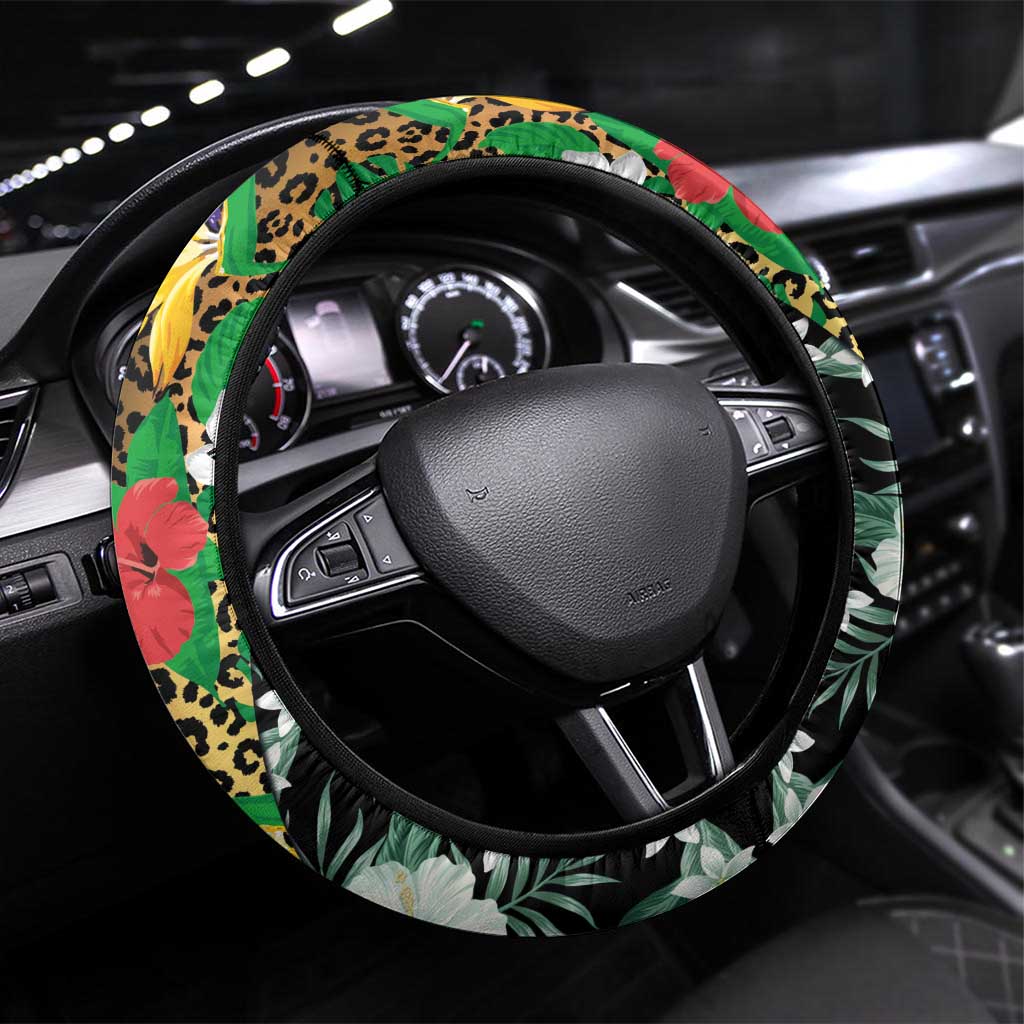 Hawaiian Tropical Flowers and Leaves Steering Wheel Cover on Leopard Pattern Half Style White-Black Version - Polynesian Pride
