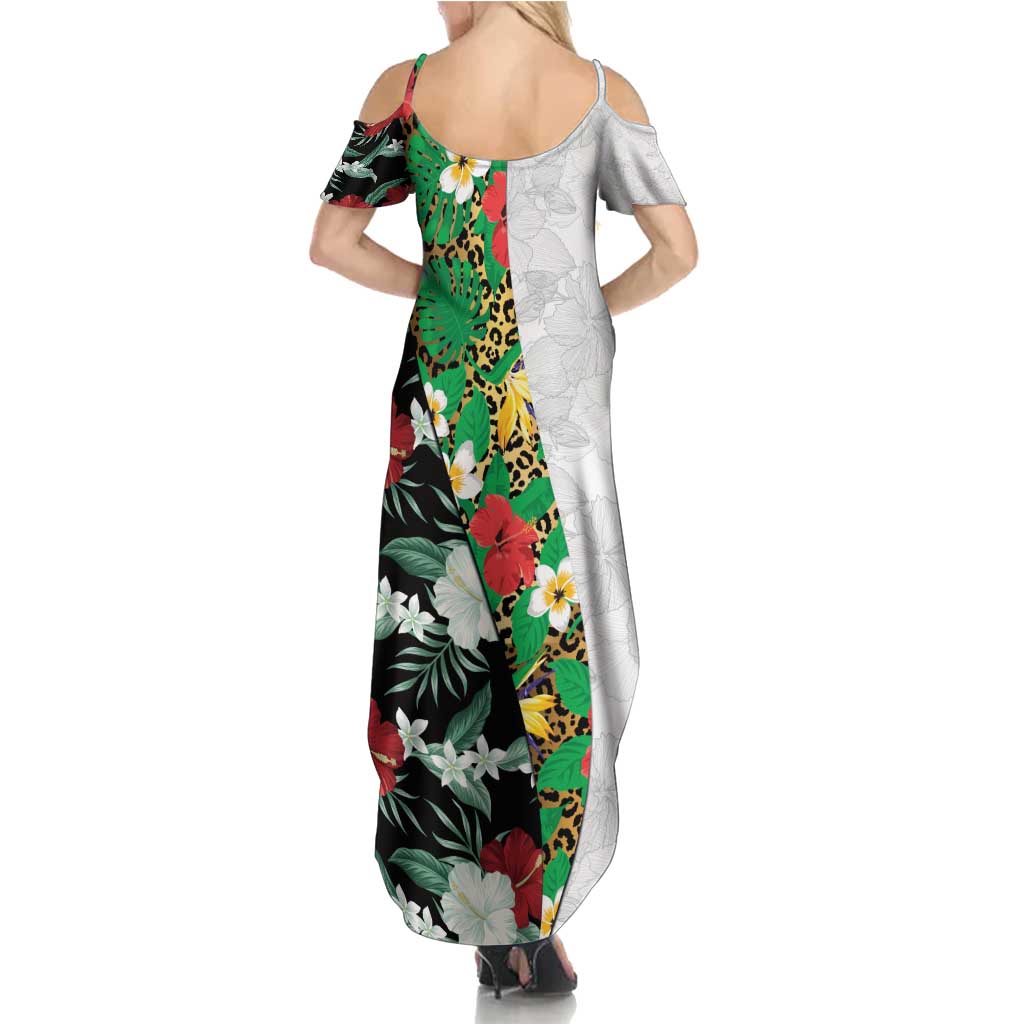Hawaiian Tropical Flowers and Leaves Summer Maxi Dress on Leopard Pattern Half Style White-Black Version - Polynesian Pride