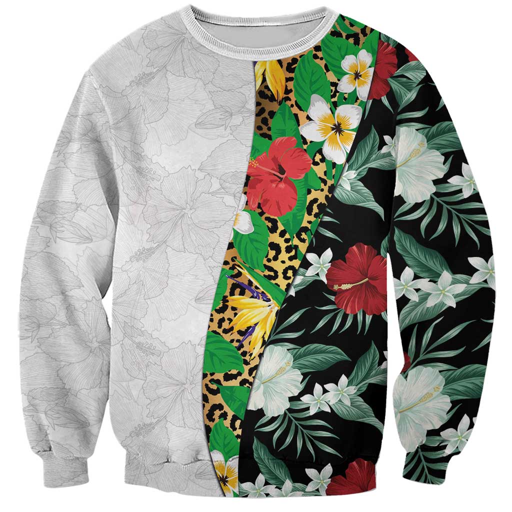 Hawaiian Tropical Flowers and Leaves Sweatshirt on Leopard Pattern Half Style White-Black Version LT03 Unisex White - Polynesian Pride