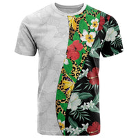 Hawaiian Tropical Flowers and Leaves T Shirt on Leopard Pattern Half Style White-Black Version - Polynesian Pride
