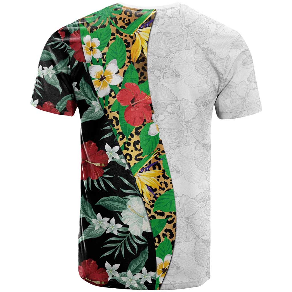 Hawaiian Tropical Flowers and Leaves T Shirt on Leopard Pattern Half Style White-Black Version - Polynesian Pride