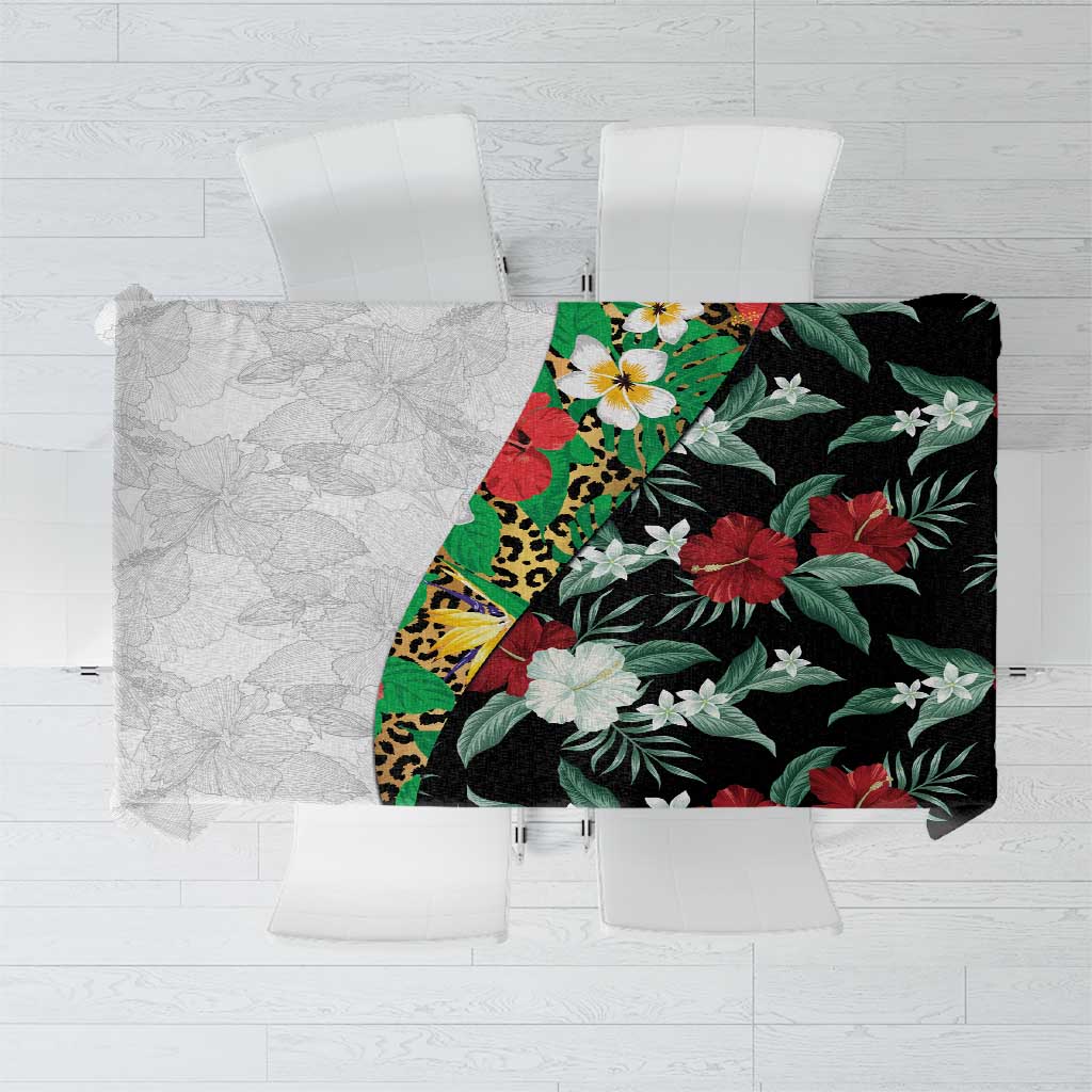 Hawaiian Tropical Flowers and Leaves Tablecloth on Leopard Pattern Half Style White-Black Version LT03 White - Polynesian Pride