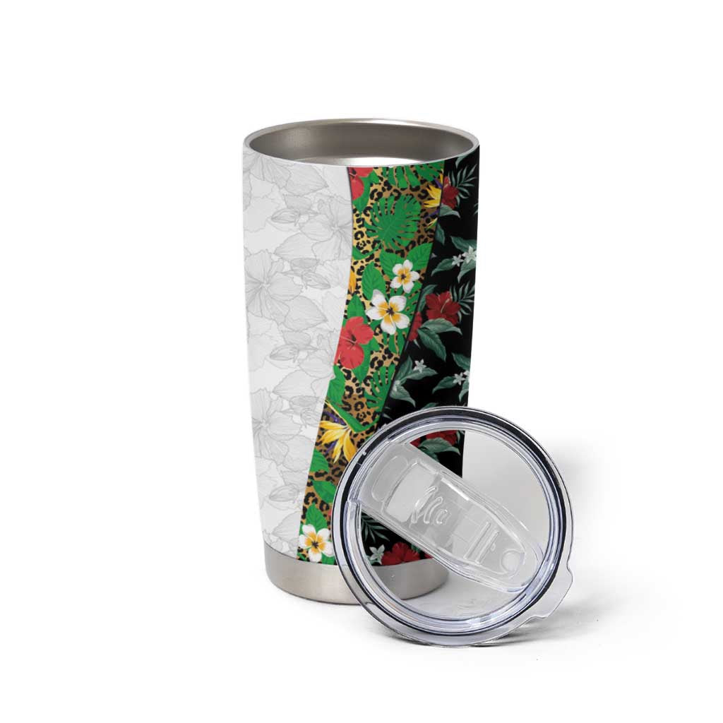 Hawaiian Tropical Flowers and Leaves Tumbler Cup on Leopard Pattern Half Style White-Black Version - Polynesian Pride