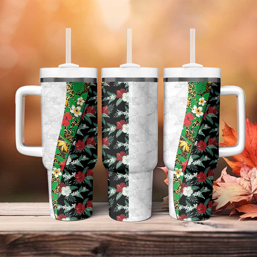 Hawaiian Tropical Flowers and Leaves Tumbler With Handle on Leopard Pattern Half Style White-Black Version - Polynesian Pride