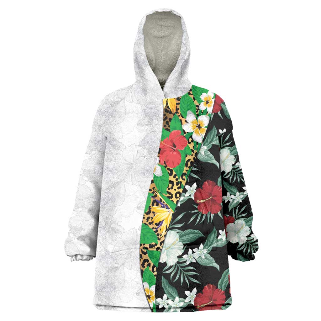 Hawaiian Tropical Flowers and Leaves Wearable Blanket Hoodie on Leopard Pattern Half Style White-Black Version LT03 One Size White - Polynesian Pride