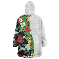 Hawaiian Tropical Flowers and Leaves Wearable Blanket Hoodie on Leopard Pattern Half Style White-Black Version LT03 - Polynesian Pride