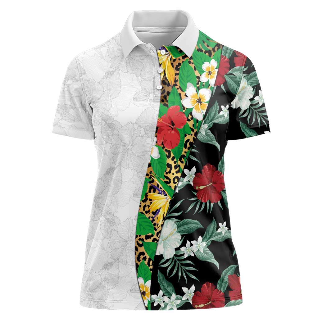 Hawaiian Tropical Flowers and Leaves Women Polo Shirt on Leopard Pattern Half Style White-Black Version - Polynesian Pride