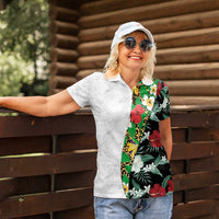 Hawaiian Tropical Flowers and Leaves Women Polo Shirt on Leopard Pattern Half Style White-Black Version - Polynesian Pride