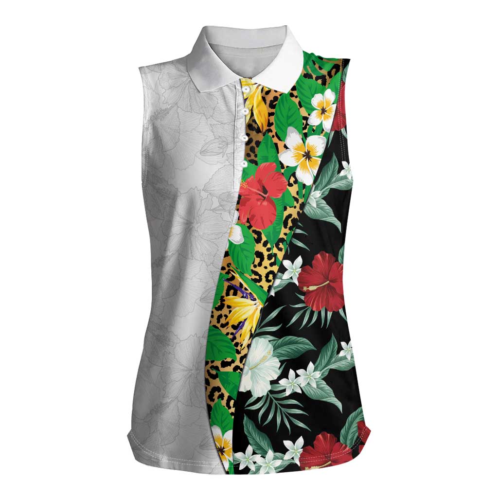 Hawaiian Tropical Flowers and Leaves Women Sleeveless Polo Shirt on Leopard Pattern Half Style White-Black Version - Polynesian Pride