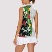 Hawaiian Tropical Flowers and Leaves Women Sleeveless Polo Shirt on Leopard Pattern Half Style White-Black Version - Polynesian Pride