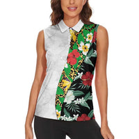 Hawaiian Tropical Flowers and Leaves Women Sleeveless Polo Shirt on Leopard Pattern Half Style White-Black Version - Polynesian Pride