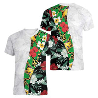 Hawaiian Tropical Flowers and Leaves Women V-Neck T-Shirt on Leopard Pattern Half Style White-Black Version - Polynesian Pride