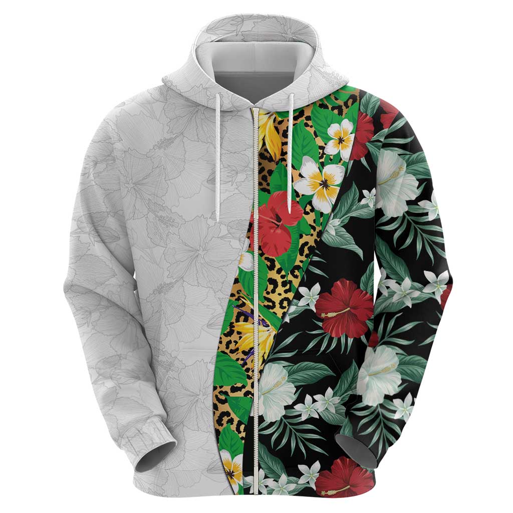 Hawaiian Tropical Flowers and Leaves Zip Hoodie on Leopard Pattern Half Style White-Black Version - Polynesian Pride