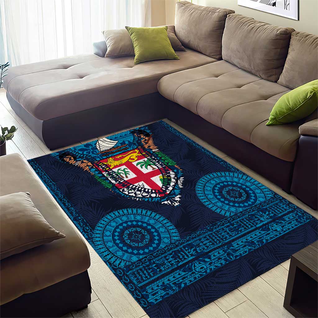 Fiji Coat of Arms Traditional Dashiki Area Rug Tapa Art and Palm Leaves Pattern Dark Navy Color - Polynesian Pride