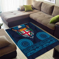 Fiji Coat of Arms Traditional Dashiki Area Rug Tapa Art and Palm Leaves Pattern Dark Navy Color - Polynesian Pride