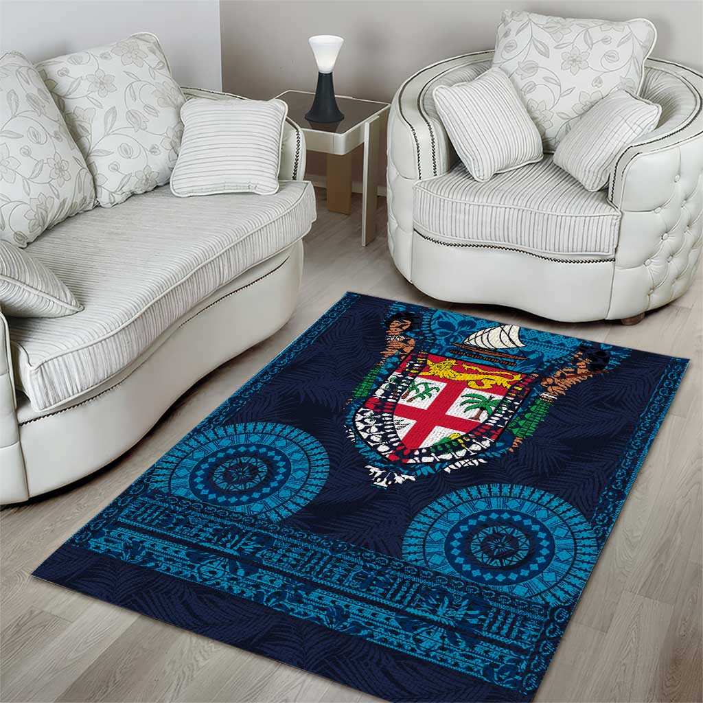 Fiji Coat of Arms Traditional Dashiki Area Rug Tapa Art and Palm Leaves Pattern Dark Navy Color - Polynesian Pride