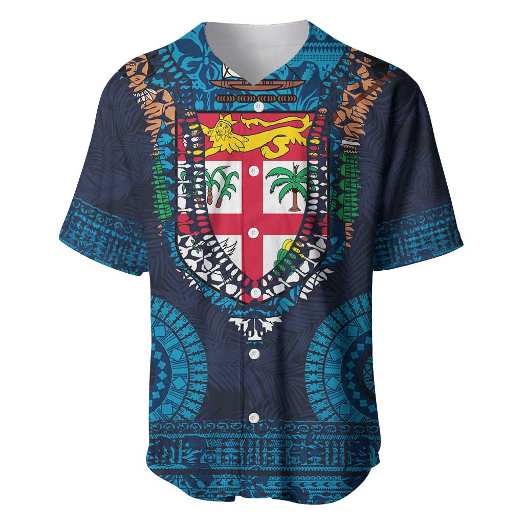 Fiji Coat of Arms Traditional Dashiki Baseball Jersey Tapa Art and Palm Leaves Pattern Dark Navy Color - Polynesian Pride