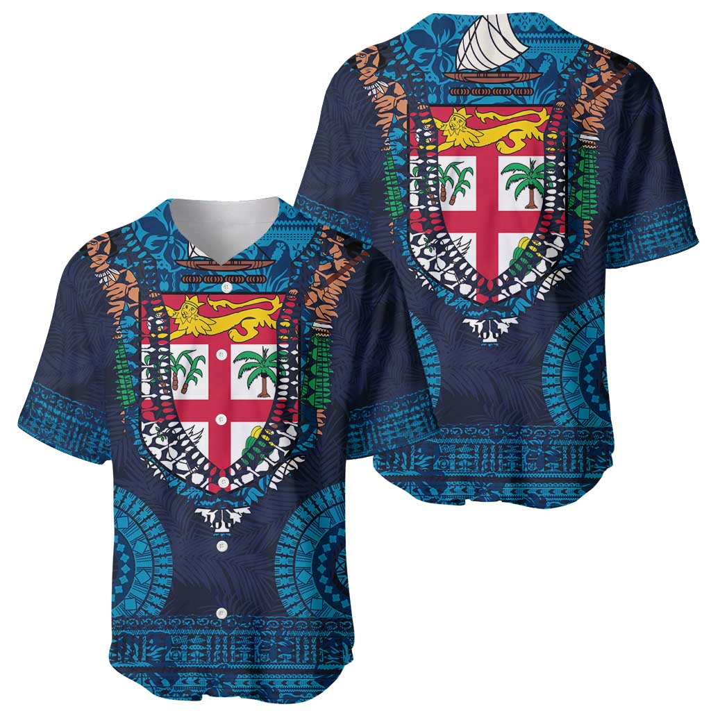 Fiji Coat of Arms Traditional Dashiki Baseball Jersey Tapa Art and Palm Leaves Pattern Dark Navy Color - Polynesian Pride